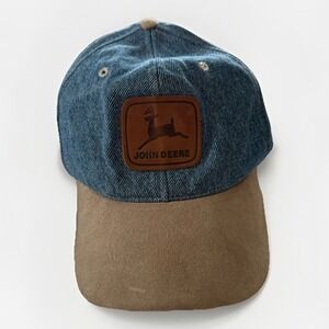 John Deere‎ Denim Blue Trucker Hat-Snapback-Leather Patch-Suede Brim-Vintage